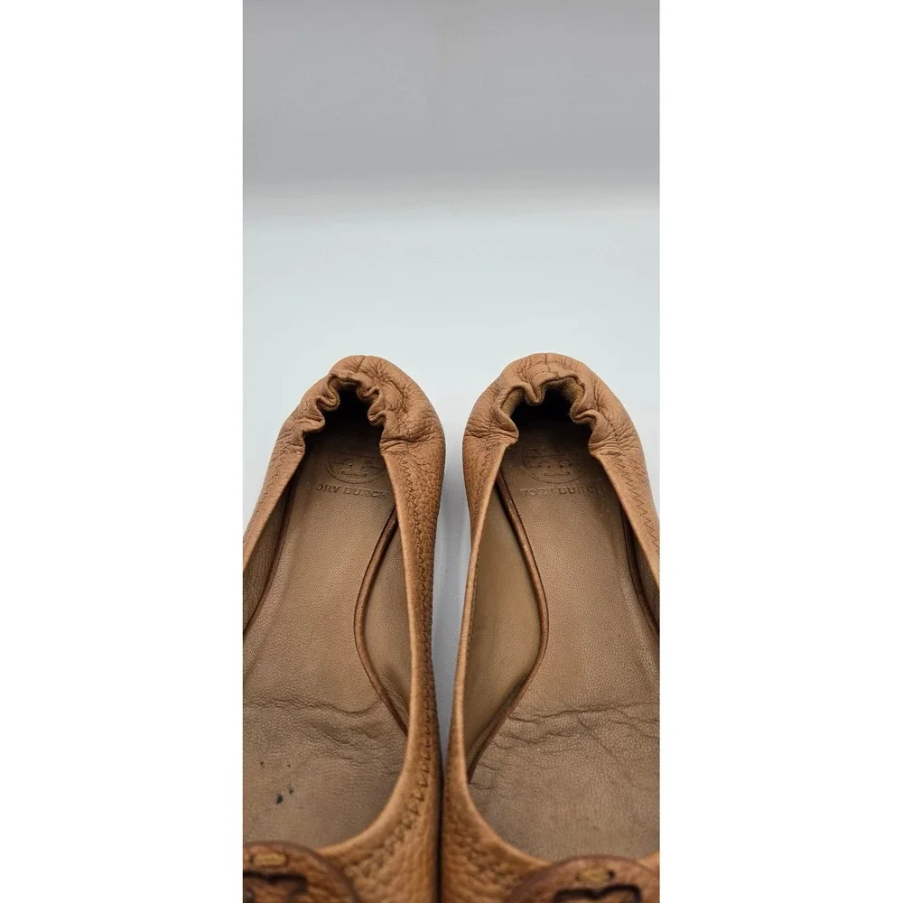Tory Burch Reva Women Flats Sz 7 Tan Tumbled Leather Ballet Logo
